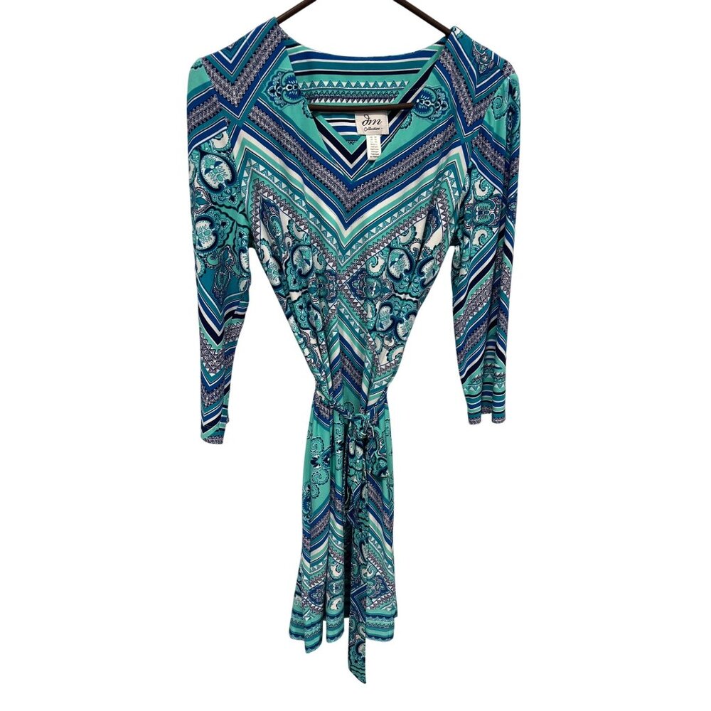 DM Collection Geometric Pattern V Neck Mini Dress 14 Mixed Print Boho Artsy NEW